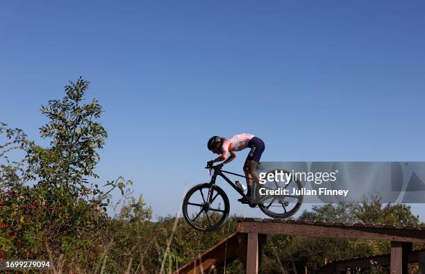 Anne Terpstra of Netherlands rides in the Women's Cross-country Mountain Bike event during the Paris 2024 Mountain Bike test event at Elancourt Hill...