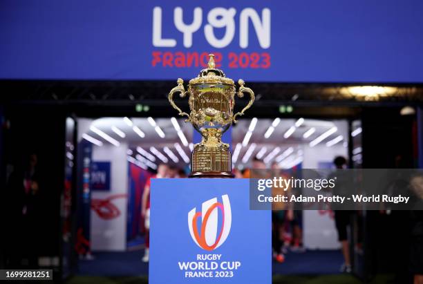 Detailed view of The Webb Ellis Cup as players of Wales and Australia line up in the tunnel before walking out prior to the Rugby World Cup France...