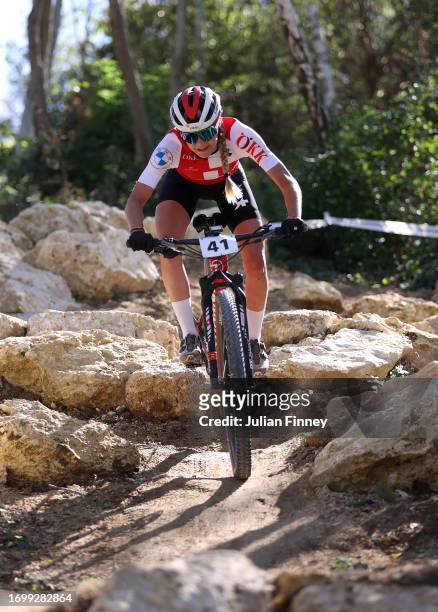 Ginia Caluori of Switzerland rides in the Women's Cross-country Mountain Bike event during the Paris 2024 Mountain Bike test event at Elancourt Hill...