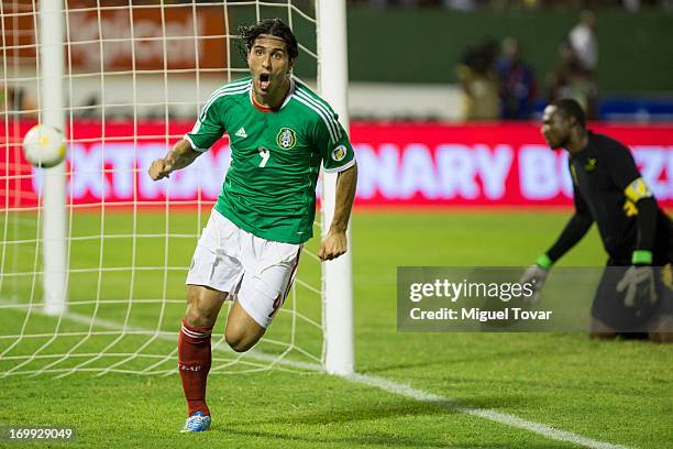 Aldo de Nigris of Mexico celebrates a goal during a match between Mexico and Jamaica as part of the FIFA 2014 World Cup Qualifiers at National...