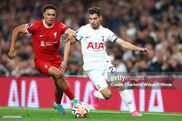 Trent Alexander-Arnold of Liverpool and Manor Solomon of Tottenham Hotspur during the Premier League match between Tottenham Hotspur and Liverpool FC...