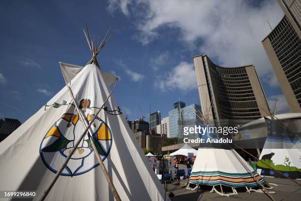 Teepees are seen at Nathan Phillips Square during the 6th annual Indigenous Legacy Gathering on 'National Day for Truth and Reconciliation' in...
