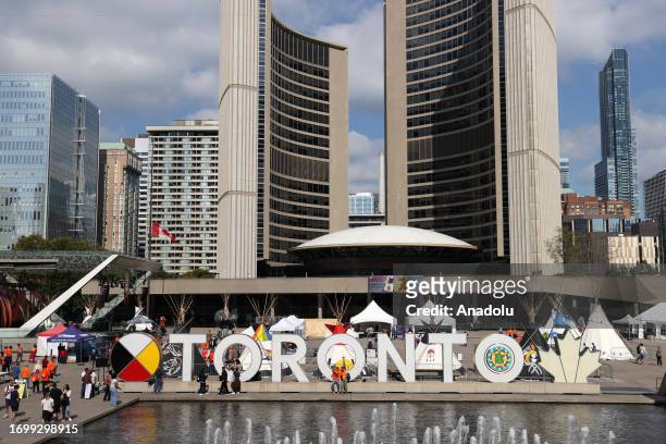 Teepees are seen at Nathan Phillips Square during the 6th annual Indigenous Legacy Gathering on 'National Day for Truth and Reconciliation' in...