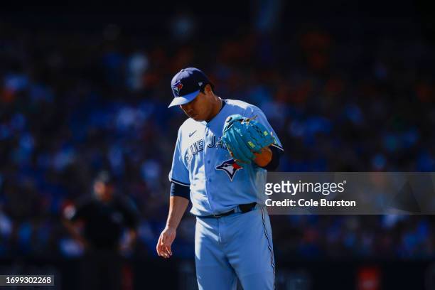 Hyun Jin Ryu of the Toronto Blue Jays pitches in the second inning of their MLB game against the Tampa Bay Rays at Rogers Centre on September 30,...