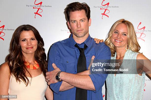 Actors Melissa Claire Egan, Michael Muhney and Sharon Case attend the SAG-AFTRA presents"The Young And The Restless" celebrating 40 years held at...