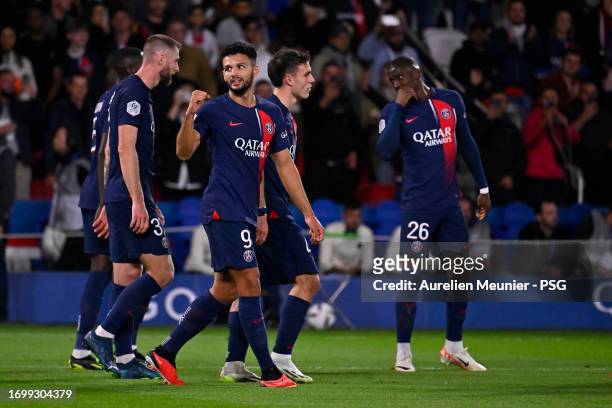 Goncalo Ramos of Paris Saint-Germain reacts after scoring during the Ligue 1 Uber Eats match between Paris Saint-Germain and Olympique de Marseille...