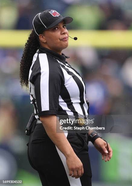 Line judge Maia Chaka looks on during the second half of a game between the Seattle Seahawks and the Carolina Panthers at Lumen Field on September...