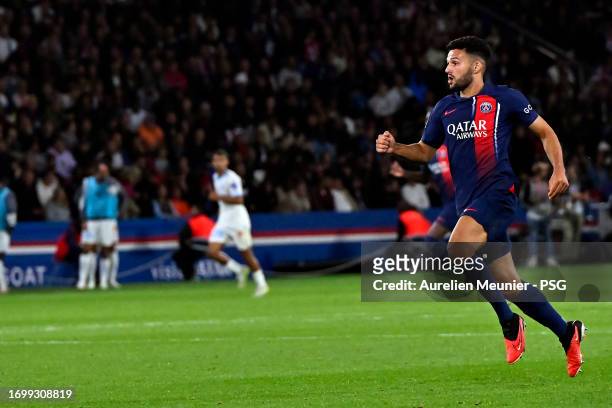 Goncalo Ramos of Paris Saint-Germain runs for the ball during the Ligue 1 Uber Eats match between Paris Saint-Germain and Olympique de Marseille at...