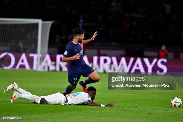 Goncalo Ramos of Paris Saint-Germain fights for possession during the Ligue 1 Uber Eats match between Paris Saint-Germain and Olympique de Marseille...