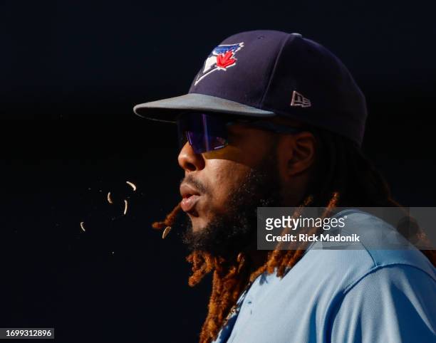 Toronto Blue Jays first baseman Vladimir Guerrero Jr. Spits seed shell while waiting for play in early innings. Toronto Blue Jays Vs Tampa Bay Rays...