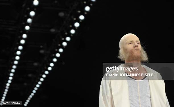 Model presents fashion by German label "Patrick Mohr" for the Spring/Summer 2011 collections during the Berlin Fashion Week on July 9, 2010 in...