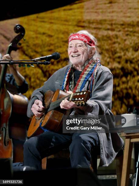 Willie Nelson performs in concert during Farm Aid at Ruoff Home Mortgage Music Center on September 23, 2023 in Noblesville, Indiana.