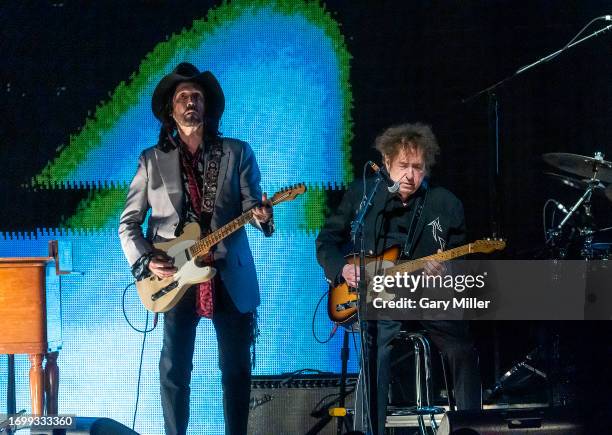 Mike Campbell and special guest Bob Dylan perform in concert during Farm Aid at Ruoff Home Mortgage Music Center on September 23, 2023 in...