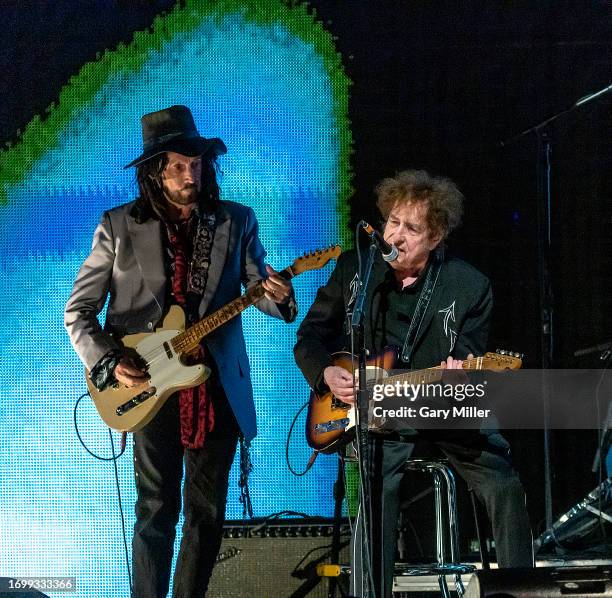 Mike Campbell and special guest Bob Dylan perform in concert during Farm Aid at Ruoff Home Mortgage Music Center on September 23, 2023 in...