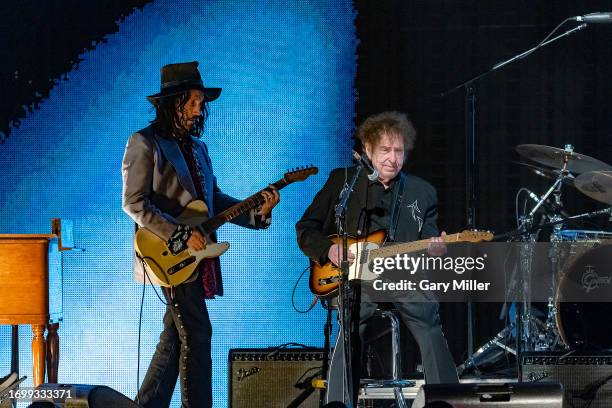 Mike Campbell and special guest Bob Dylan perform in concert during Farm Aid at Ruoff Home Mortgage Music Center on September 23, 2023 in...