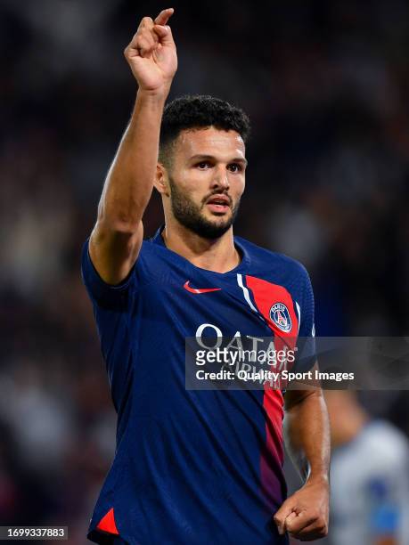 Gonçalo Ramos of PSG celebrates after scoring his team's fourth goal during the Ligue 1 Uber Eats match between Paris Saint-Germain and Olympique de...