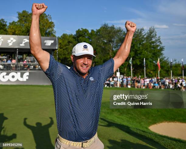 Bryson DeChambeau reacts after winning the LIV Golf Invitational - Chicago at Rich Harvest Farms on September 24, 2023 in Sugar Grove, Illinois.