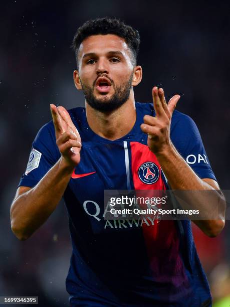 Gonçalo Ramos of PSG celebrates after scoring his team's third goal during the Ligue 1 Uber Eats match between Paris Saint-Germain and Olympique de...