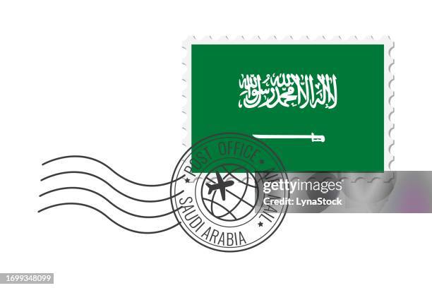 ilustrações de stock, clip art, desenhos animados e ícones de saudi arabia postage stamp. postcard vector illustration with saudi arabian national flag isolated on white background. - marked sheet of paper