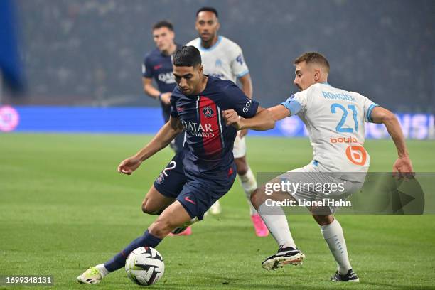 Achraf Hakimi of PSG and Valentin Rongier of Marseille during the Ligue 1 Uber Eats match between Paris Saint-Germain and Olympique de Marseille at...