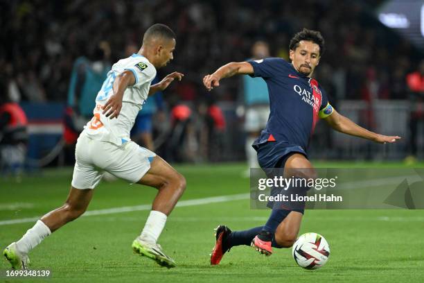 Iliman Ndiaye of Marseille and Marquinhos of PSG during the Ligue 1 Uber Eats match between Paris Saint-Germain and Olympique de Marseille at Parc...