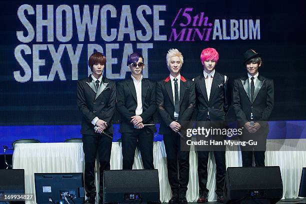 Members of South Korean boy band MBLAQ attend during their 5th mini album 'Sexy Beat' Showcase event on June 4, 2013 in Seoul, South Korea.