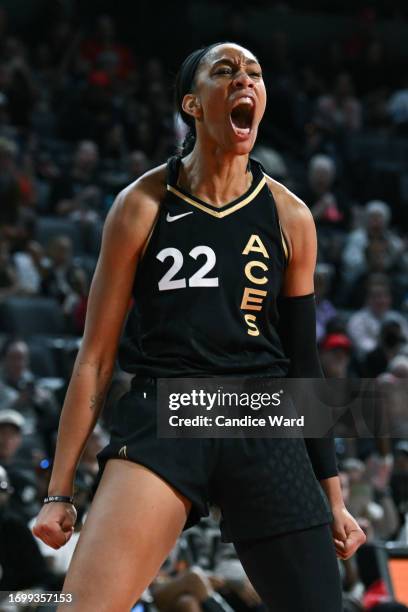 Ja Wilson of the Las Vegas Aces reacts to a play in the third quarter of Game One of the 2023 WNBA Playoffs semifinals against the Dallas Wings at...