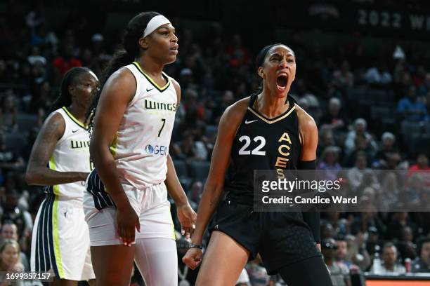 Ja Wilson of the Las Vegas Aces reacts to a play in the third quarter of Game One of the 2023 WNBA Playoffs semifinals against the Dallas Wings at...