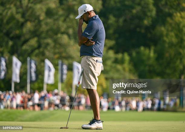 Anirban Lahiri reacts after his putt on the 18th hole during day three of the LIV Golf Invitational - Chicago at Rich Harvest Farms on September 24,...