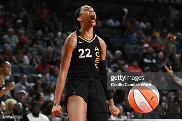 Ja Wilson of the Las Vegas Aces reacts to a play in the third quarter of Game One of the 2023 WNBA Playoffs semifinals against the Dallas Wings at...