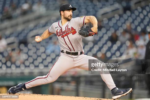 Spencer Strider of the Atlanta Braves pitches in the first inning during game two of a doubleheader against the Washington Nationals at Nationals...