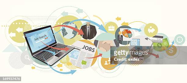 searching job by laptop - job listing stock illustrations