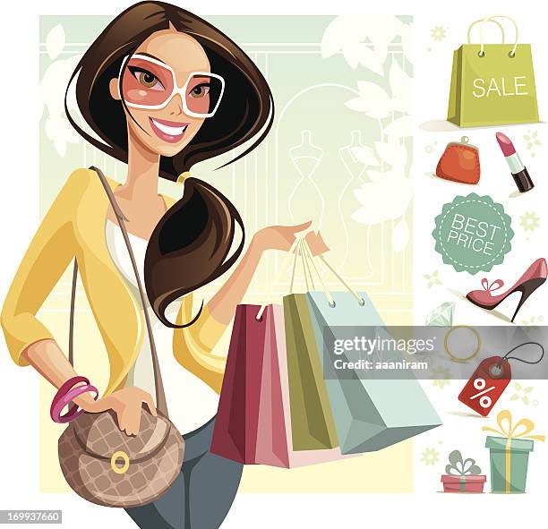 ilustraciones, imágenes clip art, dibujos animados e iconos de stock de de compras - cliente satisfecho