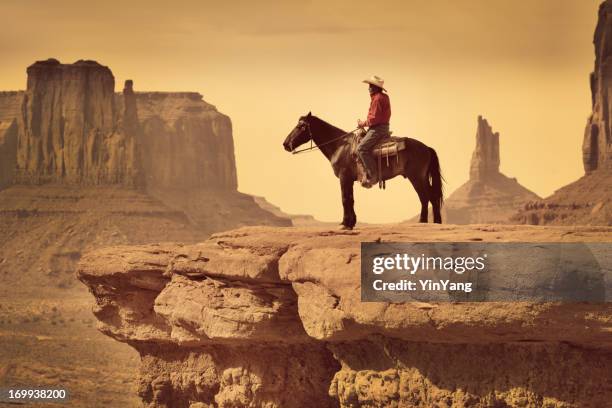 native american indian cowboy on horse in the southwest landscape - cowboy bildbanksfoton och bilder