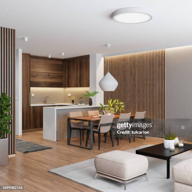 wohnzimmer mit moderner, minimalistischer offener küche im italienischen stil. - holzdecke stock-fotos und bilder