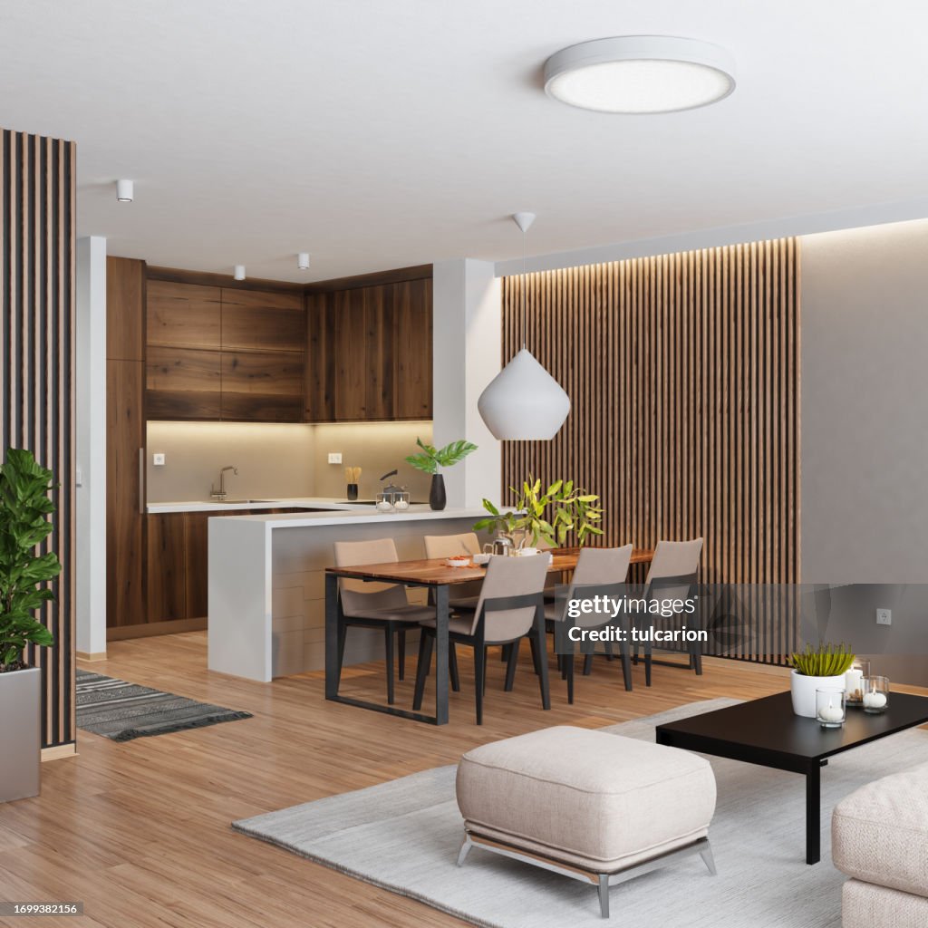 Living room with modern minimalist Italian style open space kitchen.