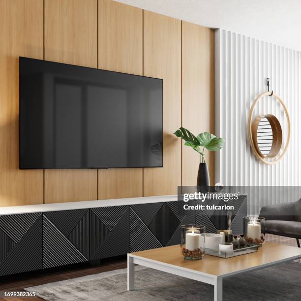 8k tv room modern minimalist living room with flat tv - flatscreen stockfoto's en -beelden