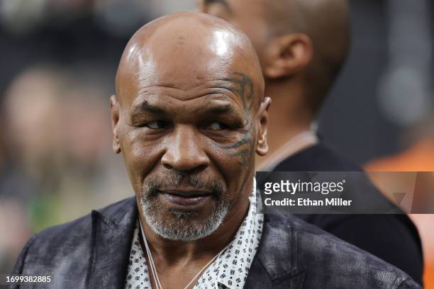 Mike Tyson on the field before the game between the Pittsburgh Steelers and the Las Vegas Raiders at Allegiant Stadium on September 24, 2023 in Las...