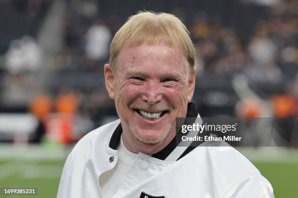 Owner and managing general partner Mark Davis of the Las Vegas Raiders looks on from the field before the game between the Pittsburgh Steelers and...