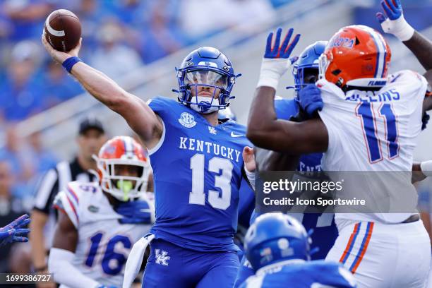Kentucky Wildcats quarterback Devin Leary passes the ball during a college football game against the Florida Gators on September 30, 2023 at Kroger...