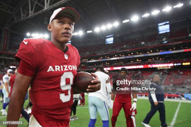 Joshua Dobbs of the Arizona Cardinals on the field after defeating the Dallas Cowboys at State Farm Stadium on September 24, 2023 in Glendale,...