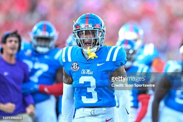 Ole' Miss safety Daijahn Anthony celebrates after an interception during the college football game between the LSU Tigers and the Ole' Miss Rebels on...