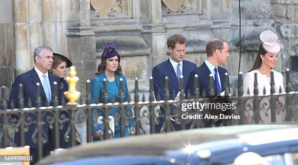 Prince Andrew, Duke of York, Princess Beatrice, Princess Eugenie, Prince Harry, Prince William, Duke of Cambridge, and Catherine, Duchess of...