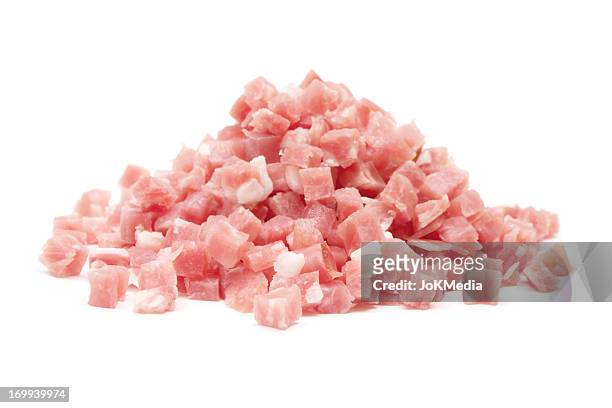 heap of chopped bacon - bacon isolated stock pictures, royalty-free photos & images
