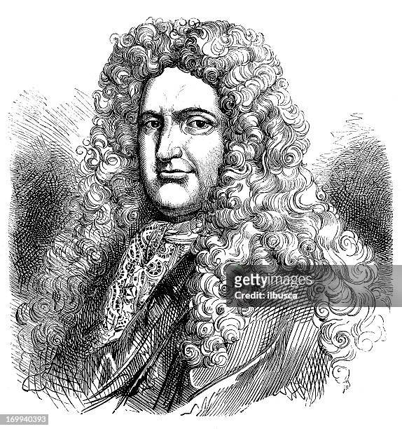 antique illustration of elegant man with wig - distinguished gentlemen with white hair stock illustrations