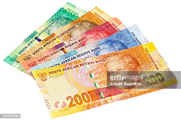 juego completo de los nuevos billetes de sudáfrica con nelson mandela - south african currency fotografías e imágenes de stock