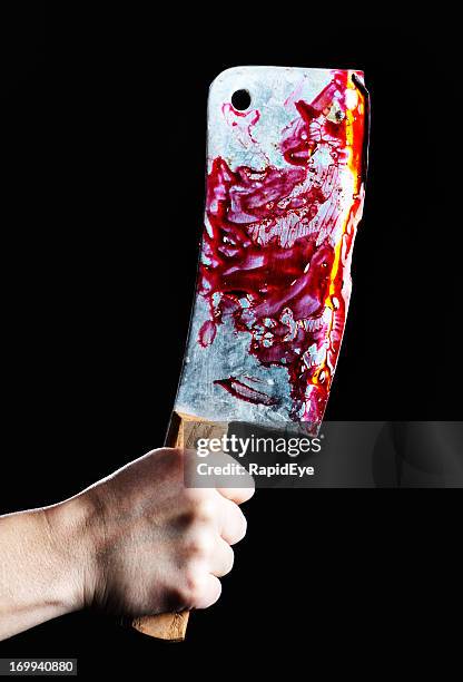 hand grips gruesome blood-covered meat cleaver: butcher or murderer? - köttyxa bildbanksfoton och bilder