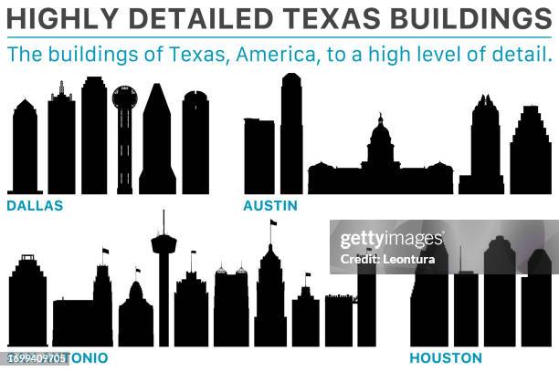ilustrações, clipart, desenhos animados e ícones de monumentos do texas - edifícios de dallas, austin, san antonio e houston - tower of the americas