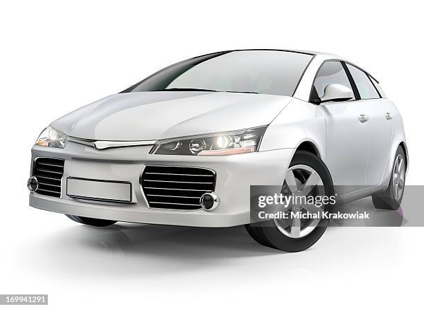 white compact car - car white background stockfoto's en -beelden