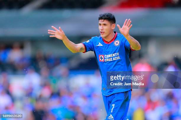 Uriel Antuna of Cruz Azul reacts during the 9th round match between Cruz Azul and Queretaro as part of the Torneo Apertura 2023 Liga MX at Azteca...